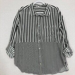 Jane & Delancey Black White Striped Ultra Soft Rayon Relaxed Button Down XL